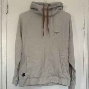 Kimes Ranch Cream Waffle-Knit Funnel Neck Hoodie with Brown Drawstrings